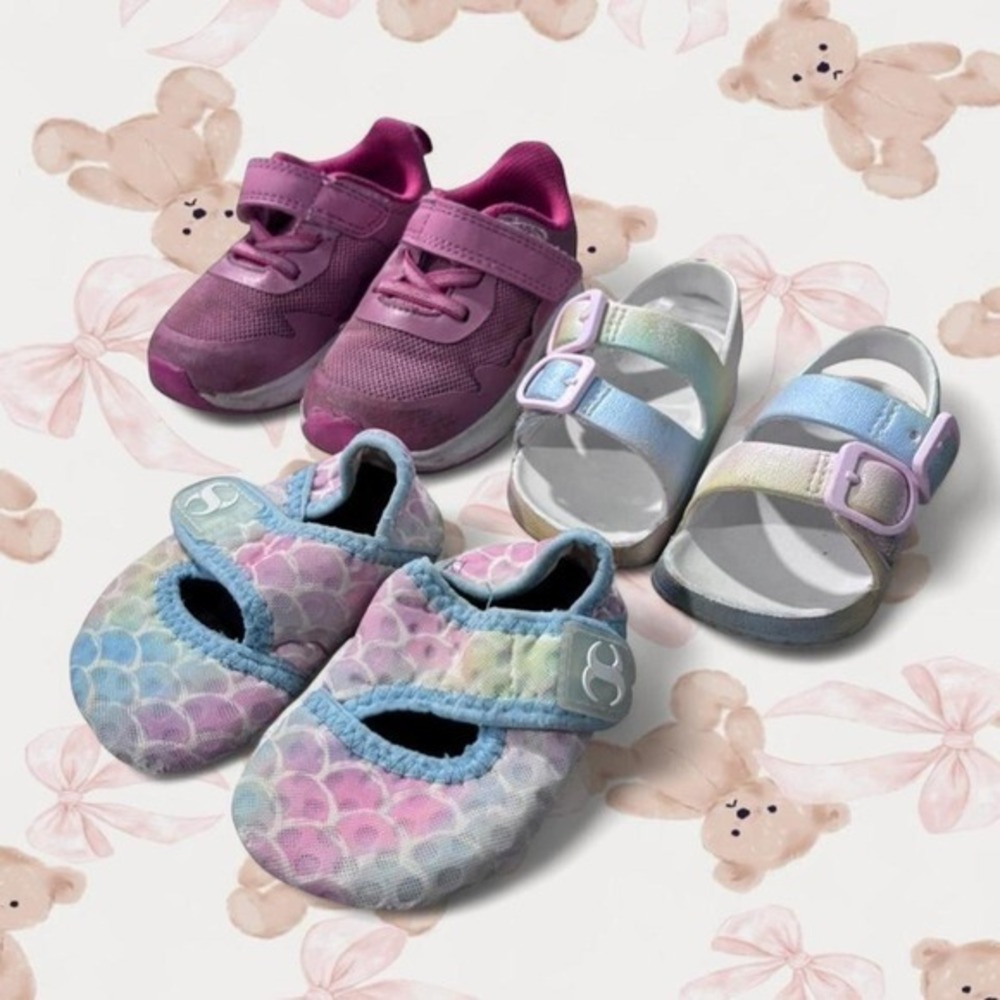3 fair condition pairs of baby girl/ toddler shoes with pink shoes
